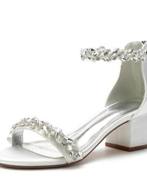 Elegant Satin Rhinestone Ankle Strap Block Heel Open Toe Wedding Sandals - Image 10