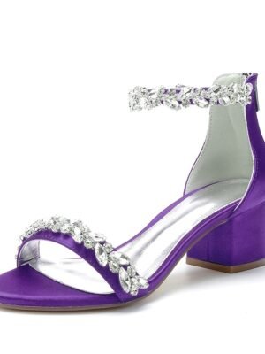 Elegant Satin Rhinestone Ankle Strap Block Heel Open Toe Wedding Sandals - Image 11