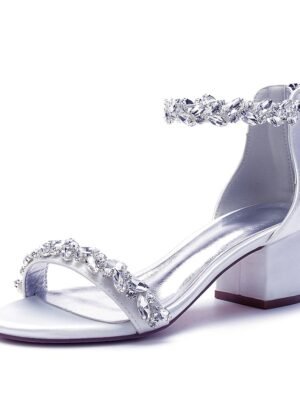 Elegant Satin Rhinestone Ankle Strap Block Heel Open Toe Wedding Sandals - Image 12