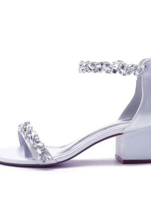Elegant Satin Rhinestone Ankle Strap Block Heel Open Toe Wedding Sandals - Image 13