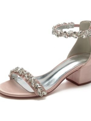 Elegant Satin Rhinestone Ankle Strap Block Heel Open Toe Wedding Sandals - Image 16
