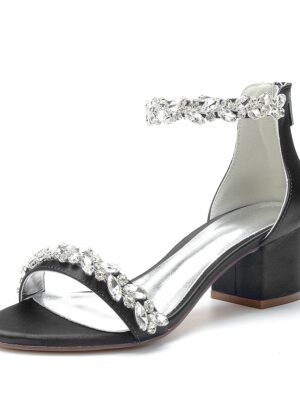 Elegant Satin Rhinestone Ankle Strap Block Heel Open Toe Wedding Sandals - Image 17