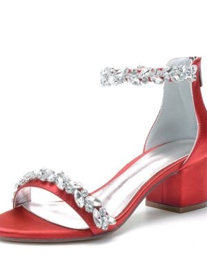 Elegant Satin Rhinestone Ankle Strap Block Heel Open Toe Wedding Sandals - Image 18