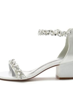 Elegant Satin Rhinestone Ankle Strap Block Heel Open Toe Wedding Sandals - Image 2