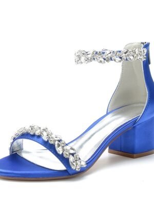 Elegant Satin Rhinestone Ankle Strap Block Heel Open Toe Wedding Sandals - Image 21