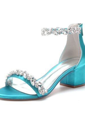 Elegant Satin Rhinestone Ankle Strap Block Heel Open Toe Wedding Sandals - Image 22