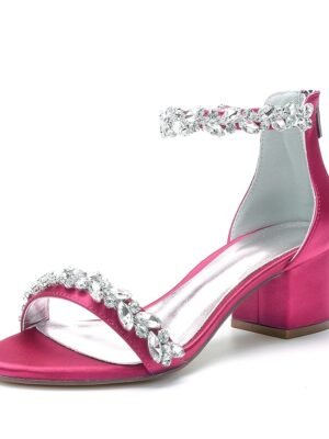 Elegant Satin Rhinestone Ankle Strap Block Heel Open Toe Wedding Sandals - Image 23