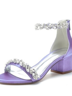 Elegant Satin Rhinestone Ankle Strap Block Heel Open Toe Wedding Sandals - Image 24
