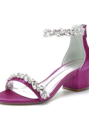 Elegant Satin Rhinestone Ankle Strap Block Heel Open Toe Wedding Sandals - Image 25