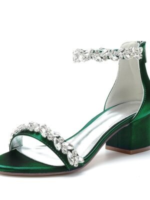 Elegant Satin Rhinestone Ankle Strap Block Heel Open Toe Wedding Sandals - Image 5