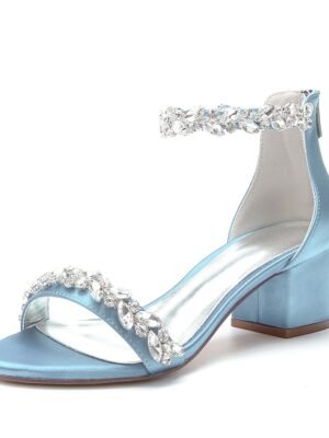 Elegant Satin Rhinestone Ankle Strap Block Heel Open Toe Wedding Sandals - Image 6