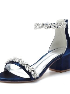 Elegant Satin Rhinestone Ankle Strap Block Heel Open Toe Wedding Sandals - Image 7