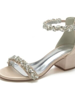 Elegant Satin Rhinestone Ankle Strap Block Heel Open Toe Wedding Sandals - Image 9