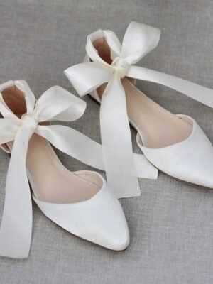 Elegant Satin Ribbon Tie Ivory Pointed Toe Ballet Flats - Image 1