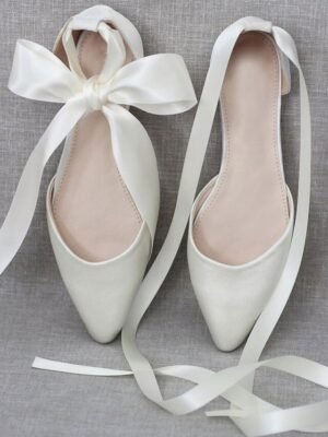 Elegant Satin Ribbon Tie Ivory Pointed Toe Ballet Flats - Image 2