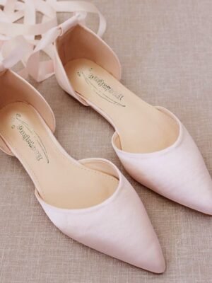 Elegant Satin Ribbon Tie Ivory Pointed Toe Ballet Flats - Image 5