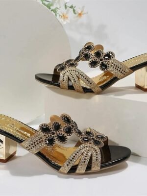 Elegant Sexy Rhinestone Block Heel Satin Mules - Image 4