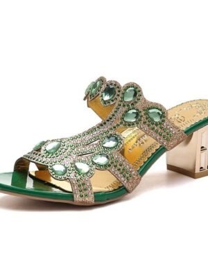 Elegant Sexy Rhinestone Block Heel Satin Mules - Image 6