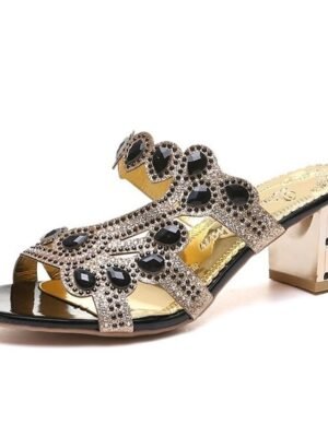Elegant Sexy Rhinestone Block Heel Satin Mules - Image 7