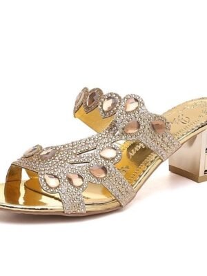 Elegant Sexy Rhinestone Block Heel Satin Mules - Image 8