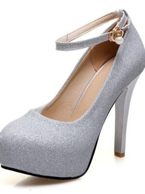 Elegant Silver Glitter Platform Stiletto Heels with Ankle Strap - Image 4