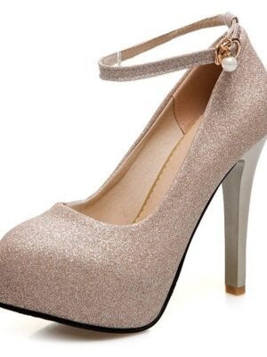 Elegant Silver Glitter Platform Stiletto Heels with Ankle Strap - Image 5
