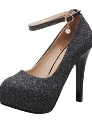 Elegant Silver Glitter Platform Stiletto Heels with Ankle Strap - Image 6