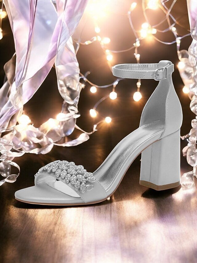 Elegant Silver Satin Block Heel Sandals - Image 1