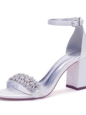 Elegant Silver Satin Block Heel Sandals - Image 8