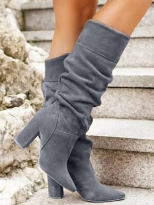 Elegant Slouchy Gray Knee-High Pointed Toe Block Heels Boots - Image 1