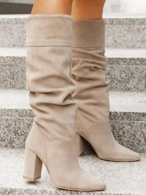 Elegant Slouchy Gray Knee-High Pointed Toe Block Heels Boots - Image 2