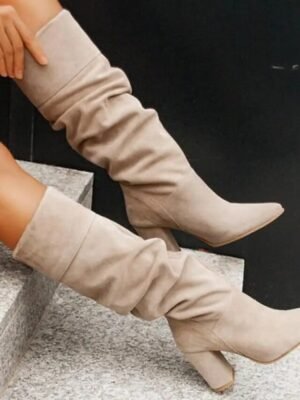 Elegant Slouchy Gray Knee-High Pointed Toe Block Heels Boots - Image 3