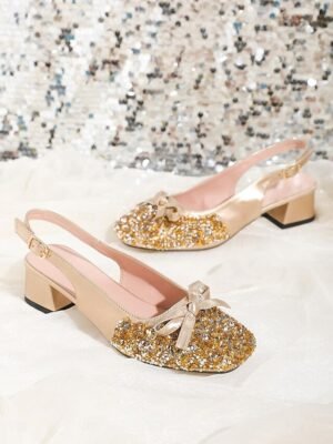 Elegant Square Toe Glitter Slingback Chunky Heel Pumps - Image 4