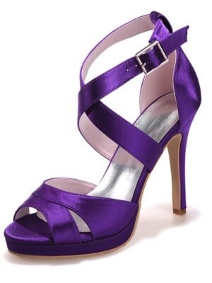 Elegant Strappy Purple Satin Platform High Heels - Image 12