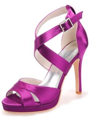 Elegant Strappy Purple Satin Platform High Heels - Image 7