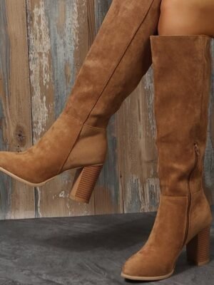 Elegant Suede Knee High Block Heel Boots - Image 1