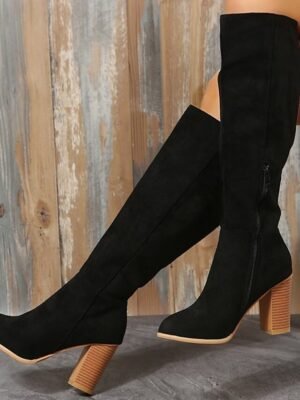 Elegant Suede Knee High Block Heel Boots - Image 6