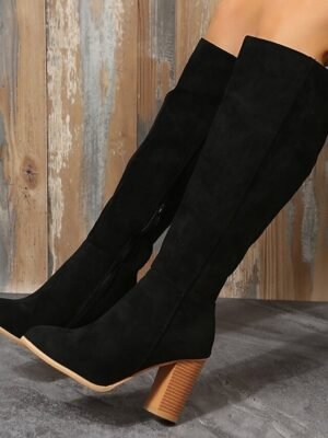 Elegant Suede Knee High Block Heel Boots - Image 7