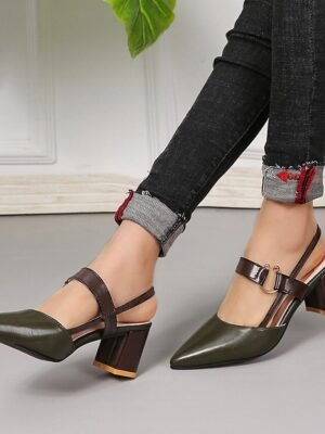Elegant Two-Tone Pointed Toe Slingback Block Heel Pumps - Image 8