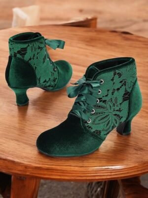 Elegant Velvet Lace-Up Floral Lace Ankle Boots - Image 1