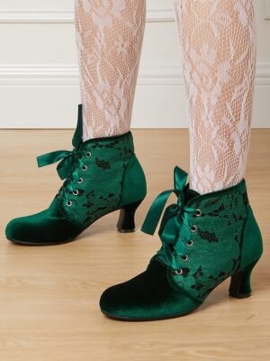 Elegant Velvet Lace-Up Floral Lace Ankle Boots - Image 10