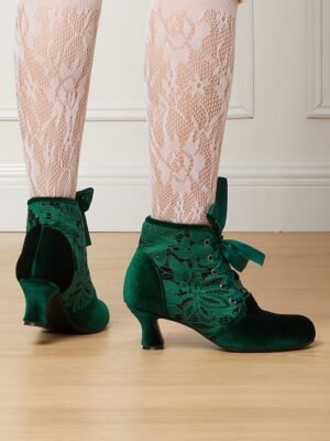 Elegant Velvet Lace-Up Floral Lace Ankle Boots - Image 11
