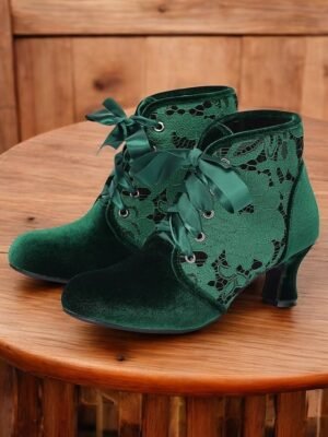 Elegant Velvet Lace-Up Floral Lace Ankle Boots - Image 2