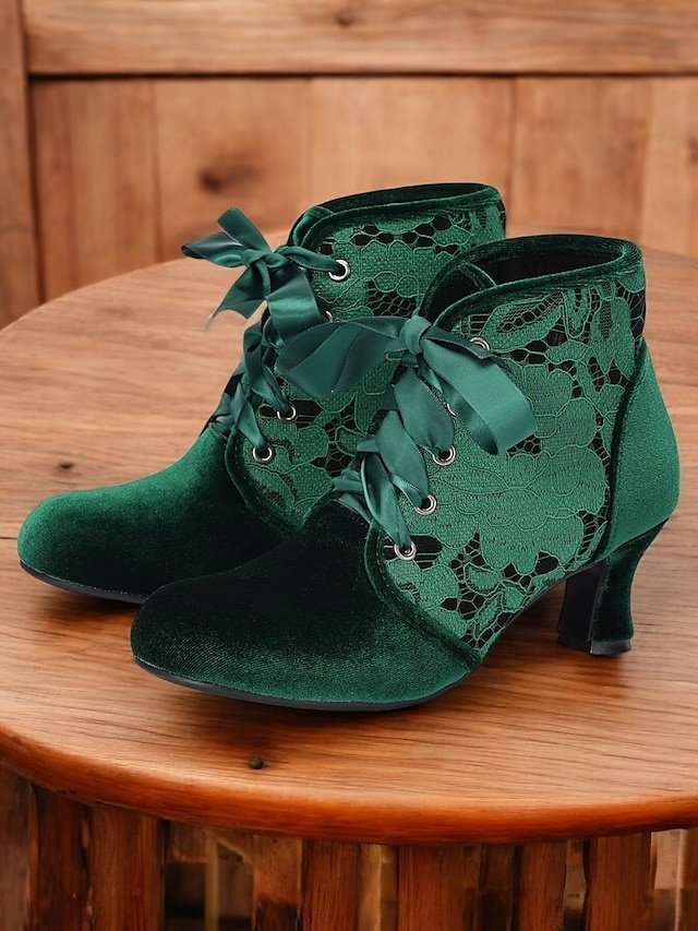 Elegant Velvet Lace-Up Floral Lace Ankle Boots - Image 2