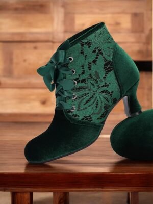 Elegant Velvet Lace-Up Floral Lace Ankle Boots - Image 3