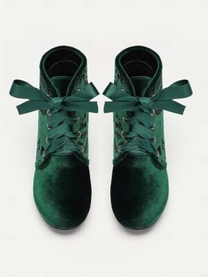 Elegant Velvet Lace-Up Floral Lace Ankle Boots - Image 4