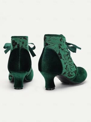 Elegant Velvet Lace-Up Floral Lace Ankle Boots - Image 5