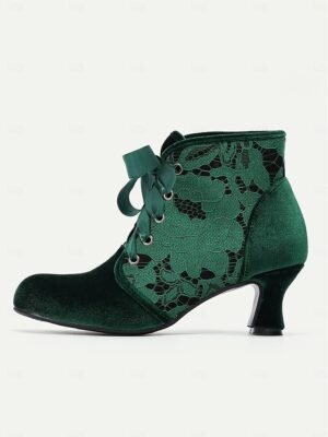 Elegant Velvet Lace-Up Floral Lace Ankle Boots - Image 6