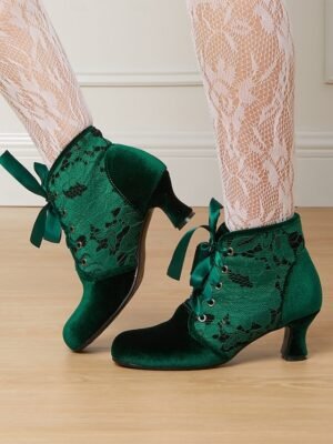 Elegant Velvet Lace-Up Floral Lace Ankle Boots - Image 9