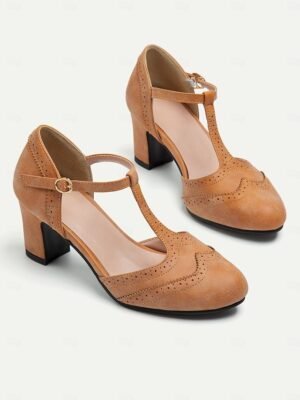 Elegant Vintage Chunky Heel Brogue T-Strap Leather Pumps - Image 1